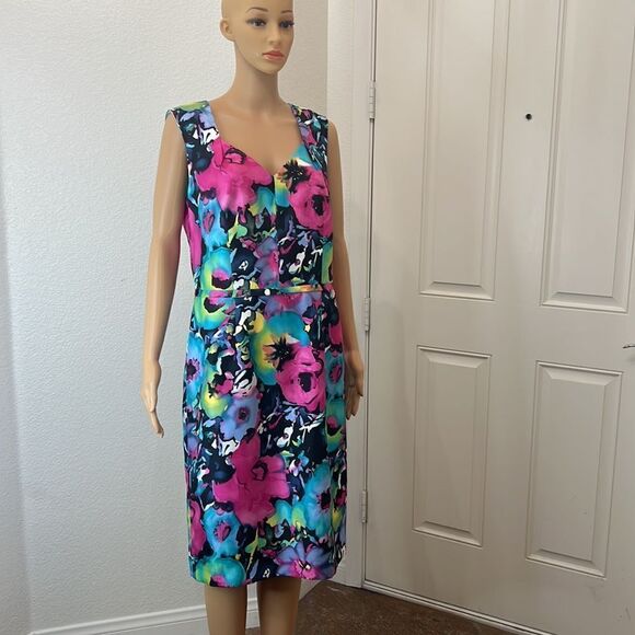 Black Label Evan Picone Dress Floral Sweetheart Neck Sleeveless Midi Pink Blue - Picture 2 of 11